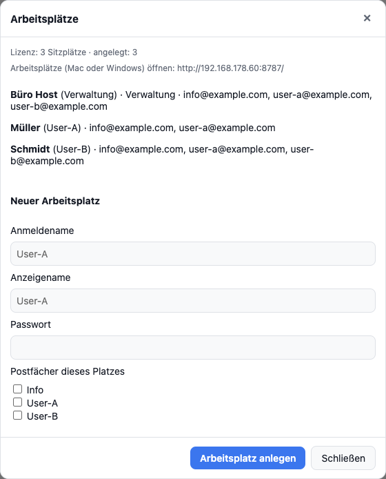 Dialog Arbeitsplätze mit Zuordnung der Postfächer