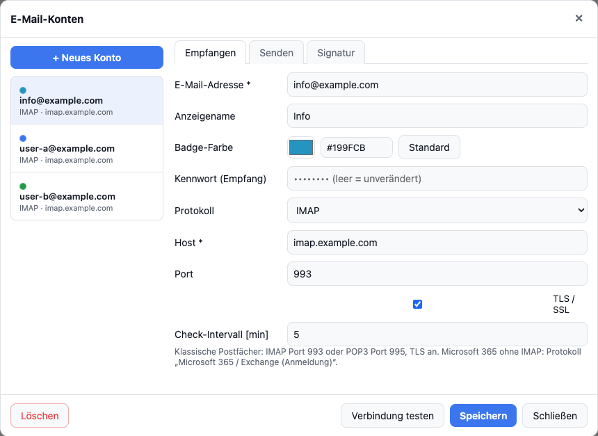 Dialog E-Mail-Konten mit Adresse, Host und Protokoll