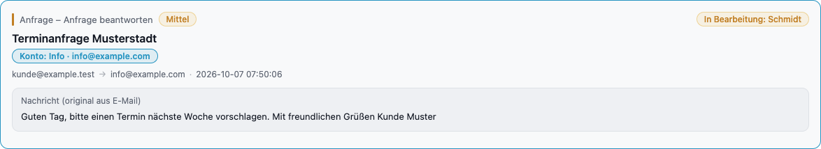 Mailkarte mit Hinweis In Bearbeitung
